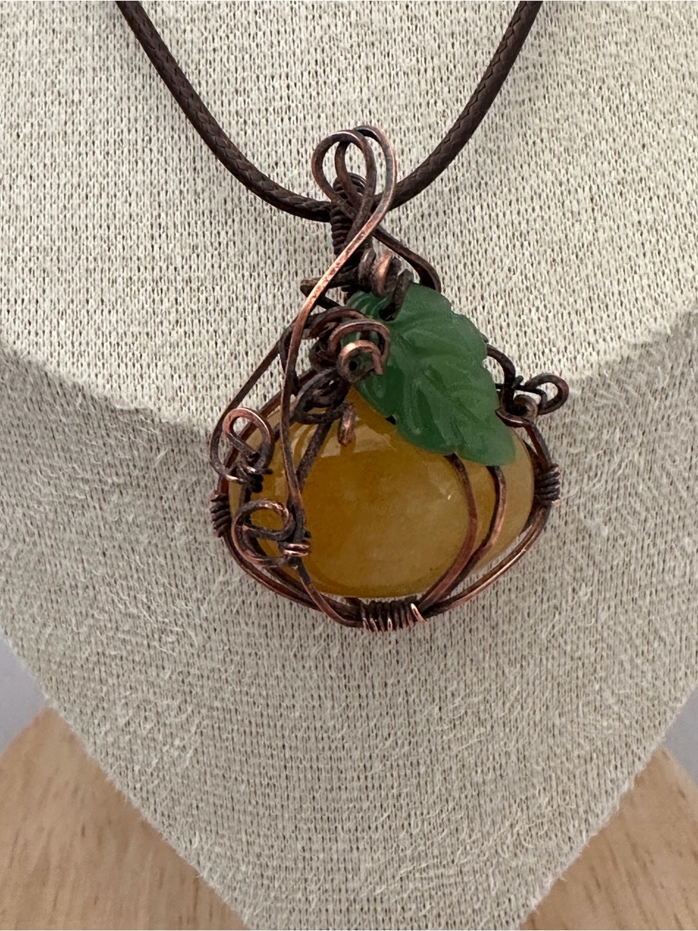 Handcrafted Copper Wire Wrapped Yellow Stone Necklace with Green Leaf Accent